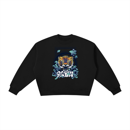 Boxy Fleece Sweatshirt - Tiger in Chrysanthemum Blossom