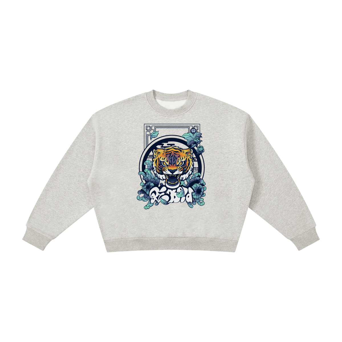 Boxy Fleece Sweatshirt - Tiger in Chrysanthemum Blossom
