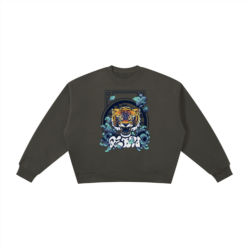 Boxy Fleece Sweatshirt - Tiger in Chrysanthemum Blossom