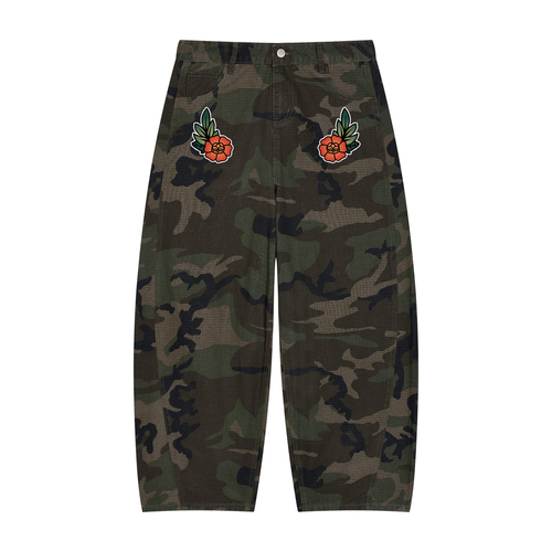 Camo Barrel Leg Cargo Pants - Old School Peonies