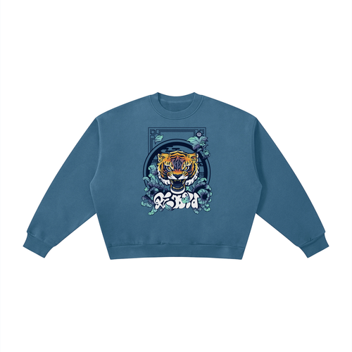 Boxy Fleece Sweatshirt - Tiger in Chrysanthemum Blossom
