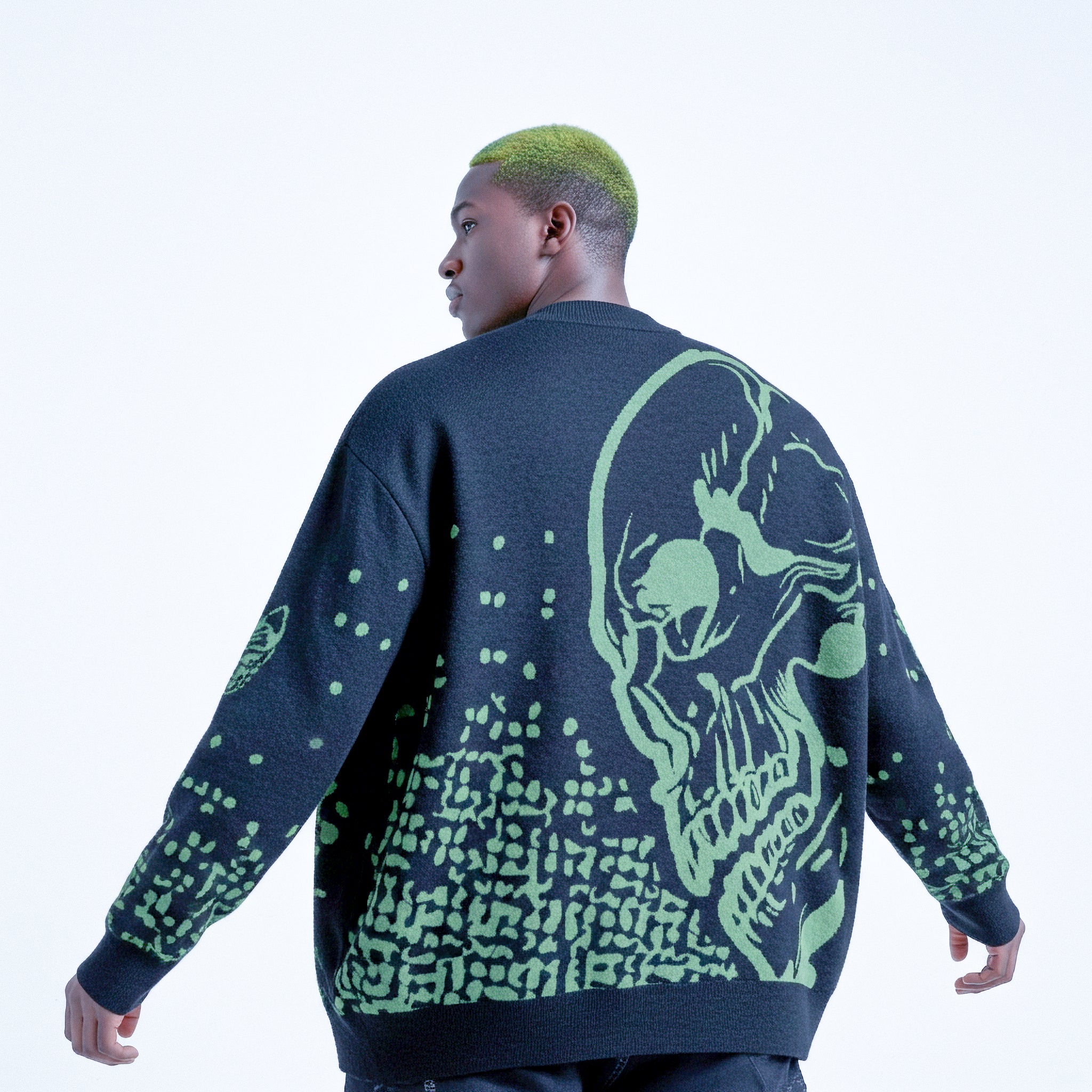 Knitted Cardigan -Skull - Black & Green